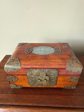 Vintage Chinese Wooden Jewelry Box with Brass Accents - Brown